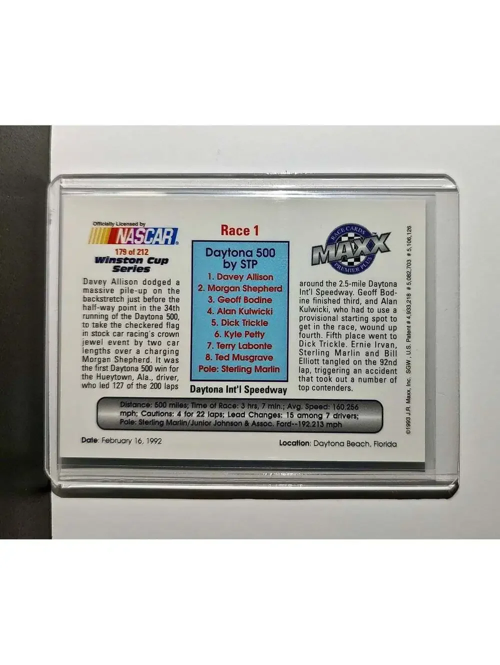 Race 1 Daytona YR 1993 Maxx Premier Plus Racing #179 NASCAR Card